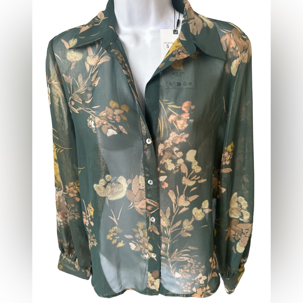 Zara Green Floral Print Sheer Button Shirt Dress Long Sleeve Long -Size L